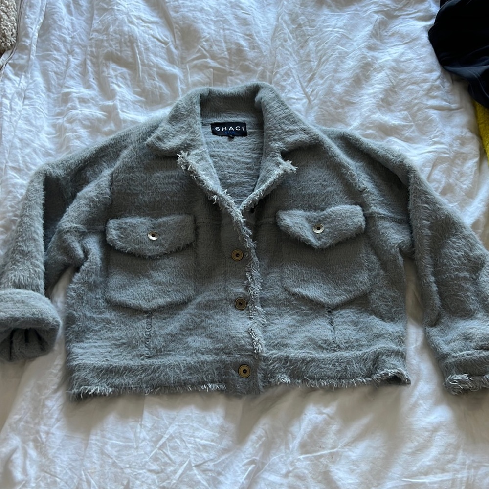 Blue fluffy boxy trucker jacket